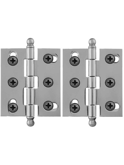 Pair of Solid Brass Ball-Tip Cabinet Hinges - 2 inch x 1 3/4 inch in Polished Nickel.